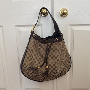 Gucci Brown GG Canvas Drawstring Hobo with Tassel
